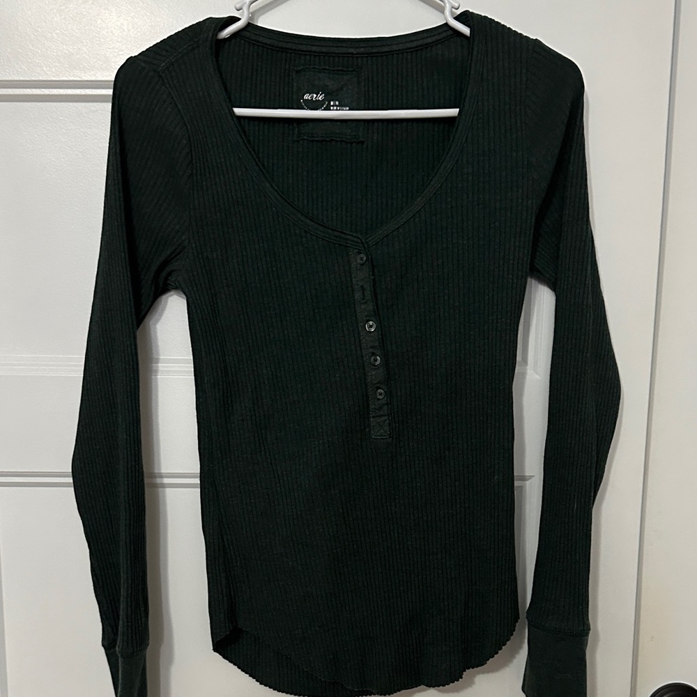 Aerie Deep Green Ribbed Long Sleeve Tee